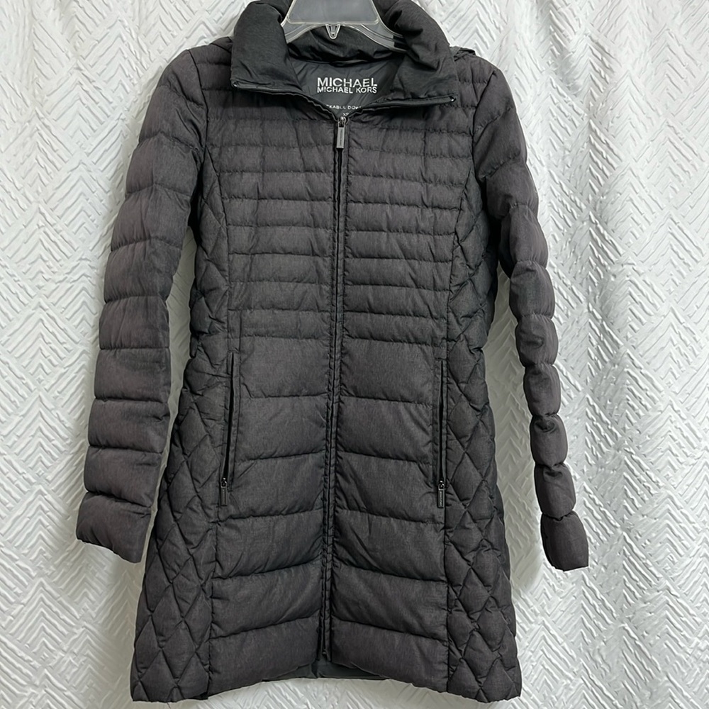 Michael Kors Women’s Packable Down Puffer Coat Long Hooded Size XS‎ Dark Grey